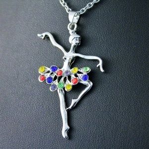 Silver Ballerina Pendant Necklace with Multicolor Crystal Skirt
